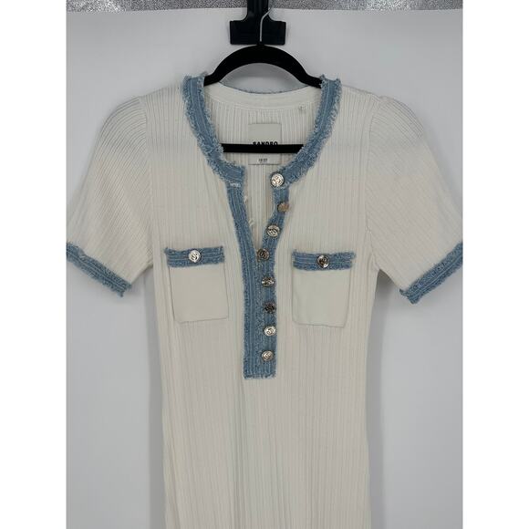 Sandro Alecia Knit and Denim Midi Dress Ribbed Midi Dress - Picture 3 of 9